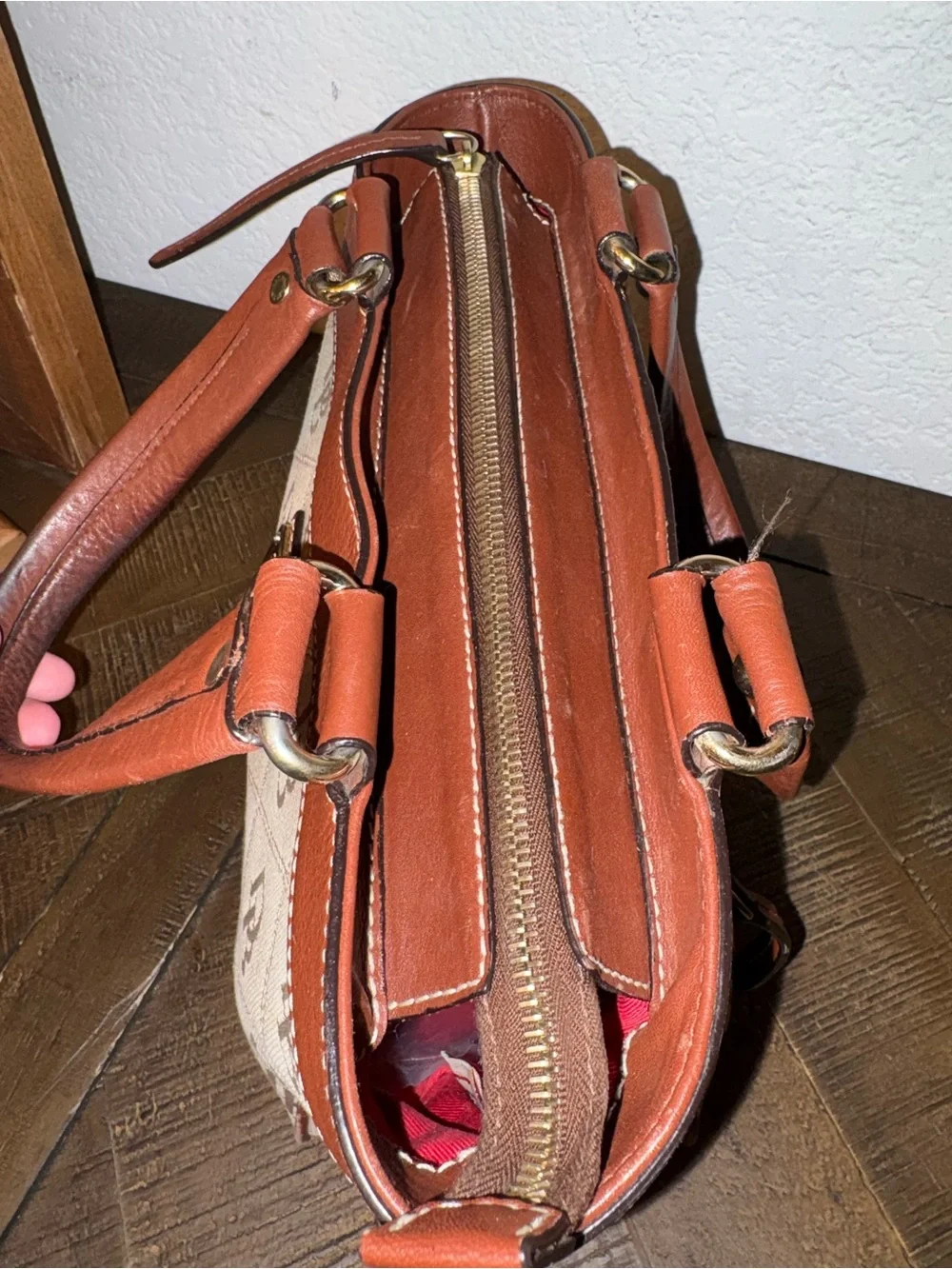 Dooney & Bourke Signature DB Monogram Satchel | British Tan | Zip Top